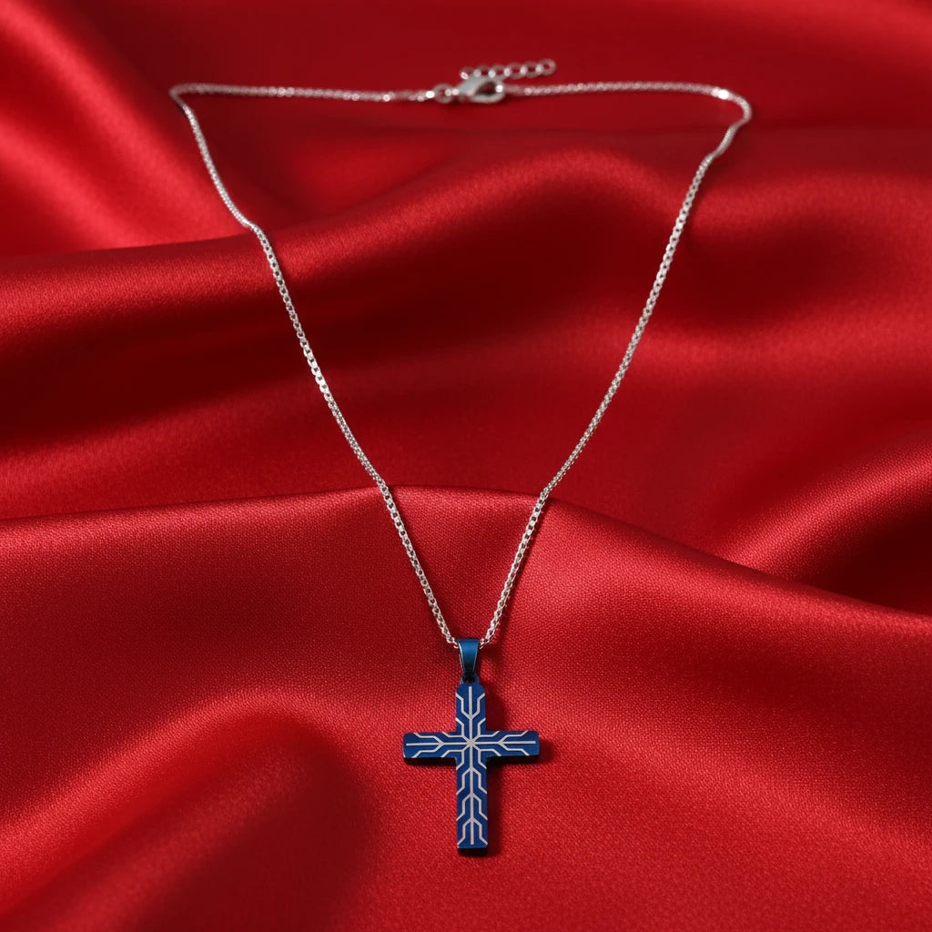 Azure Blue Cross Pendant with Frost Line Chain for Men