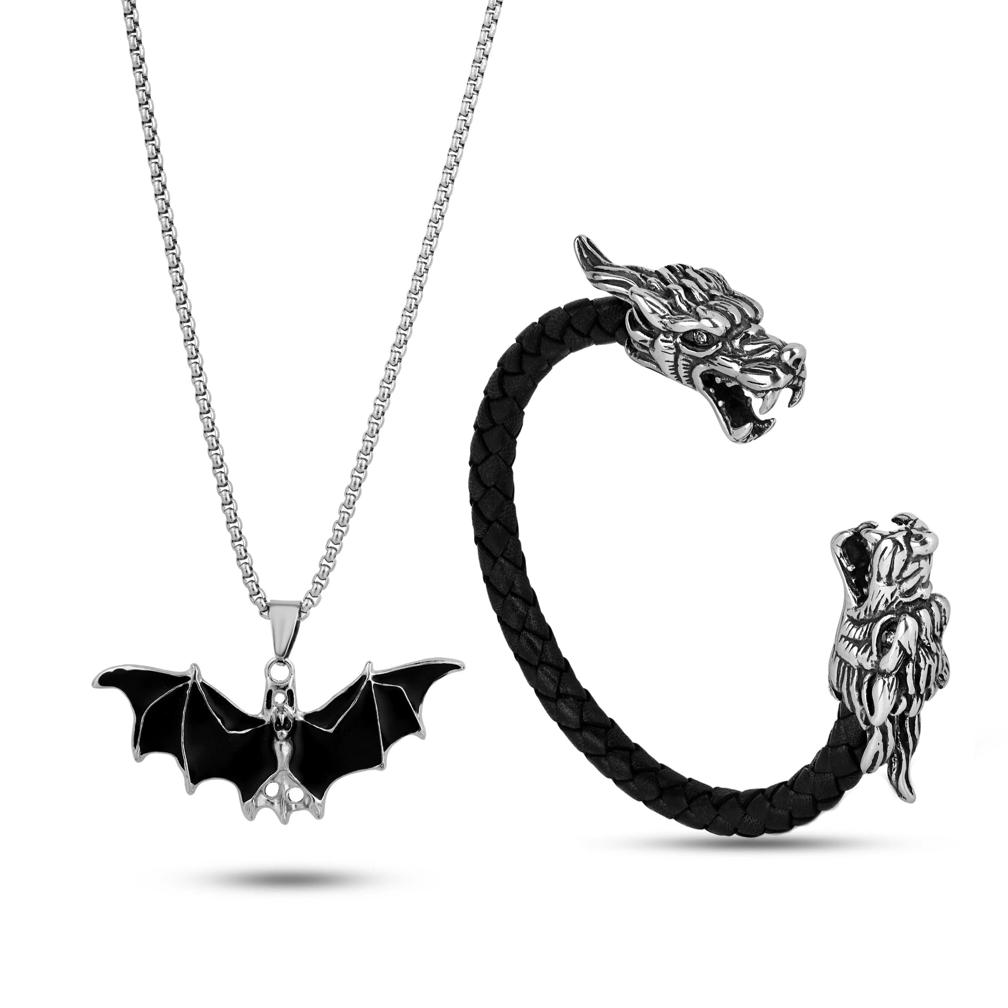 Dragon crest bracelet + obsidian bat pendent + chain combo