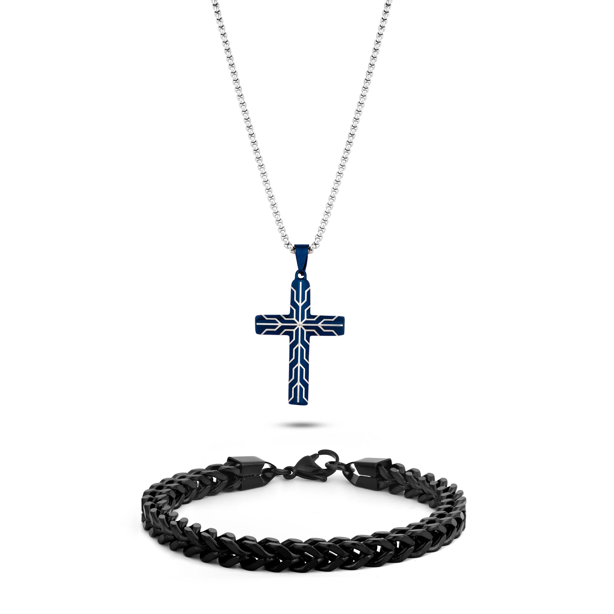 Azure blue pendent + chain + onyx black bracelet combo